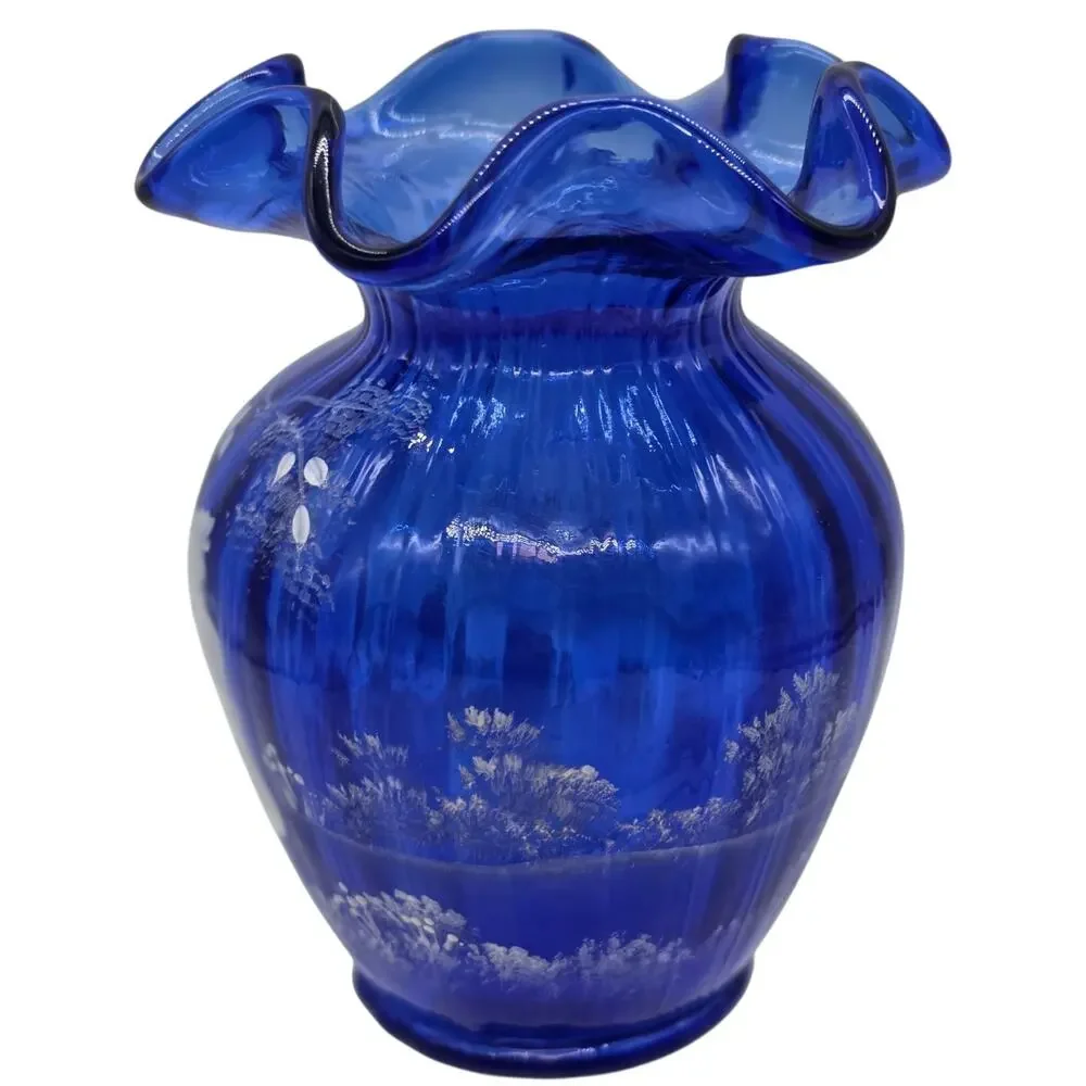 Fenton Blue Mary Gregory Art Glass Vase Hand Painted Signed Sue Jackson